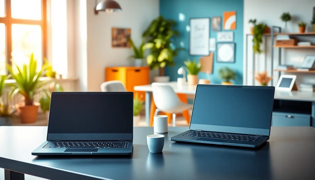 Los laptops Lenovo brillando en un entorno moderno y profesional, ideal para trabajo y gaming.
