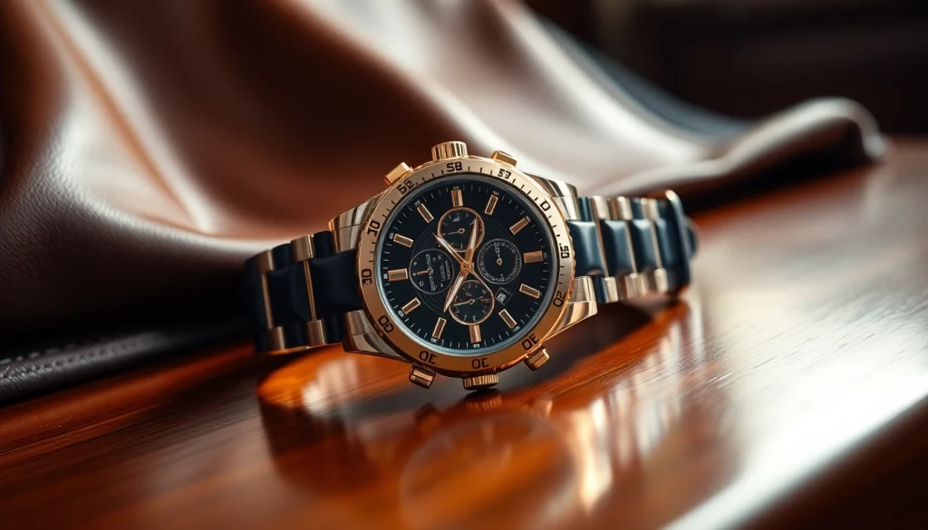 Sell luxury watch prominently displayed on a polished surface, evoking elegance and sophistication.
