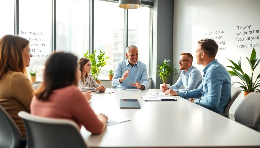 Engaging business coaching service session with professionals collaborating in a modern office.