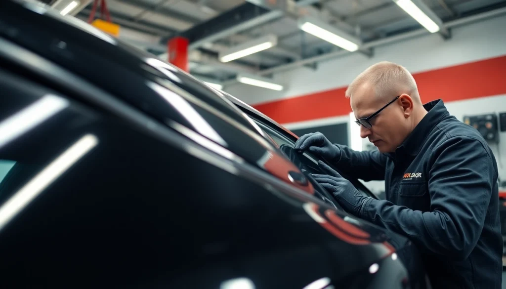 Enhance your vehicle with car tint near me, showcasing a technician expertly applying window tint to a vehicle.