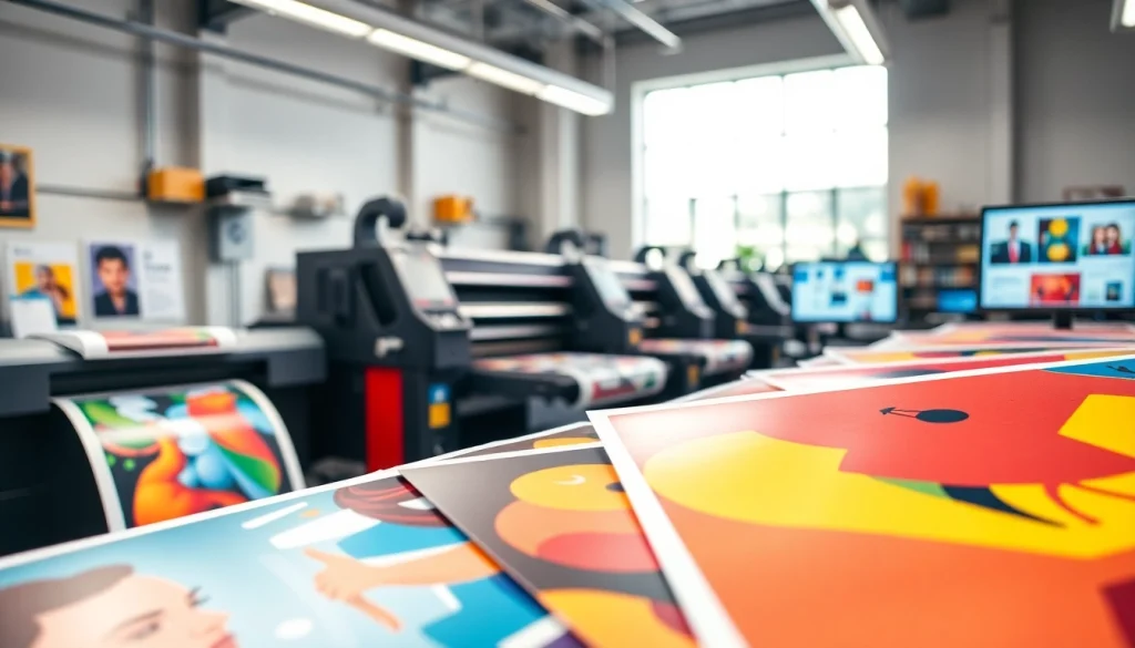 Showcase of vibrant school poster printers in a modern print studio, highlighting creative designs.