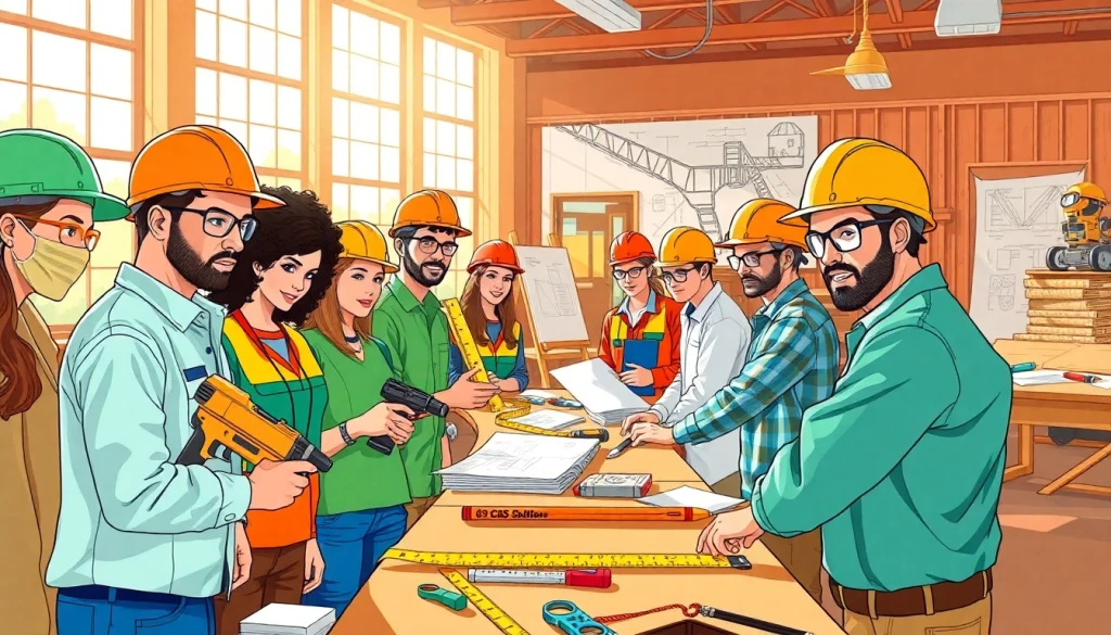 Hands-on training at construction trade schools in Texas, featuring students using tools in a vibrant classroom.