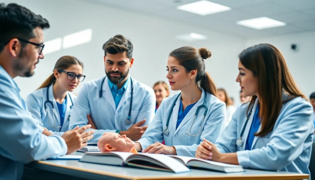 Medizinstudium ohne Aufnahmeprüfung: Medical students collaborating in a bright lecture hall.