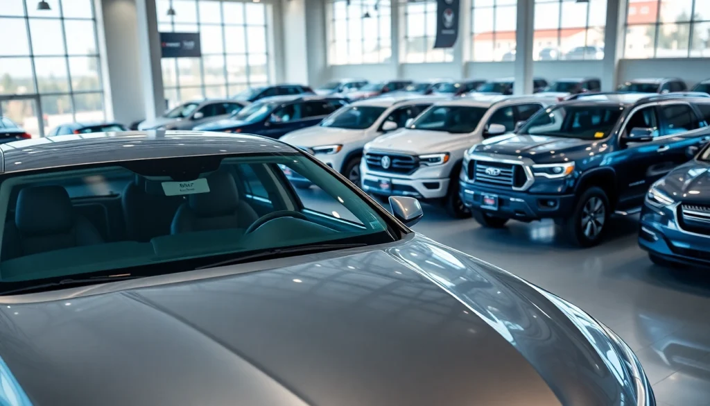 Find used vehicles, showcasing a variety of models in a bright, professional car showroom.