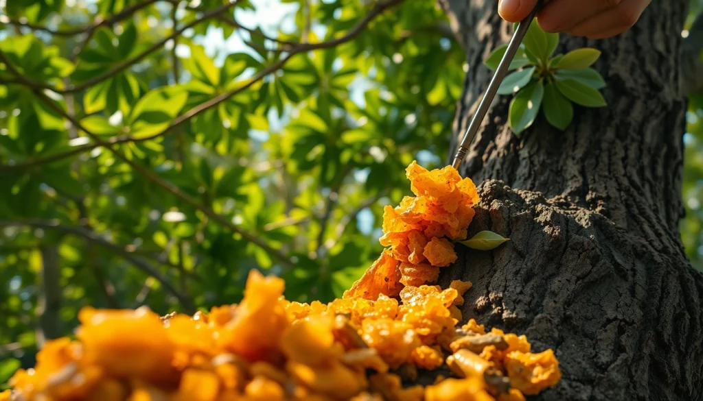 Harvesting myrrh resin from a Commiphora tree, showcasing rich textures and colors.