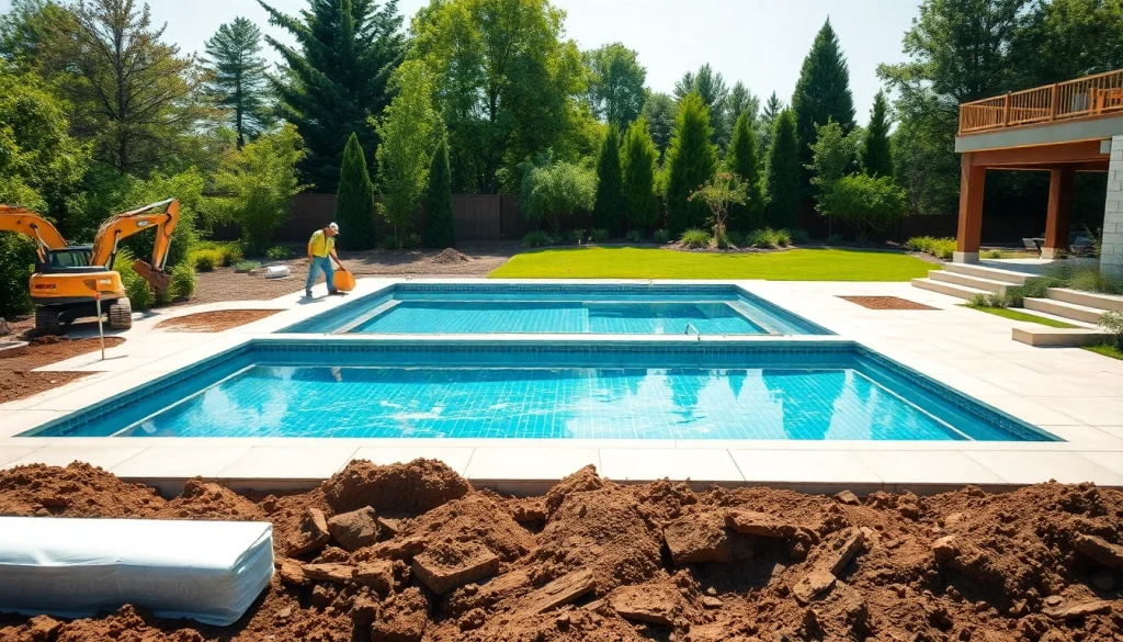 Engaging pool construction process showing workers building a modern swimming pool.