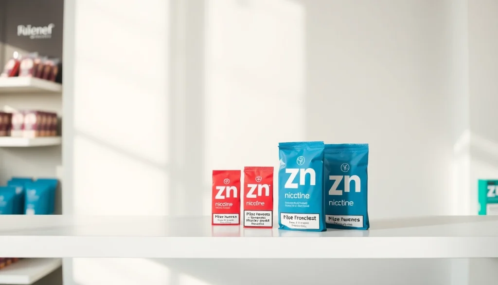 Zyn nicotine pouches showcased in a minimalist setting with vibrant packaging.