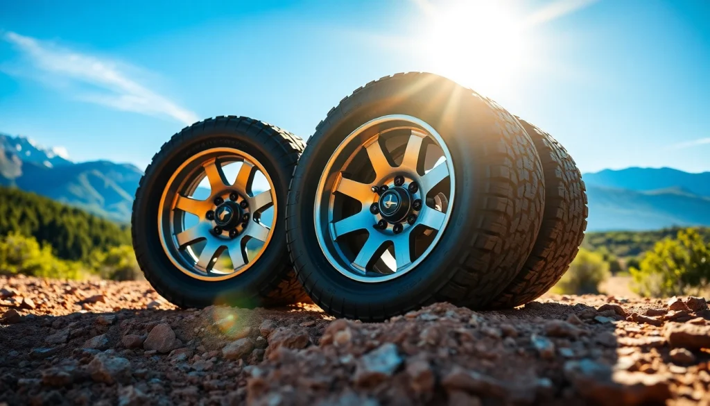 Showcase off road wheels on a lifted truck set in a natural rugged landscape, emphasizing strength and adventure.