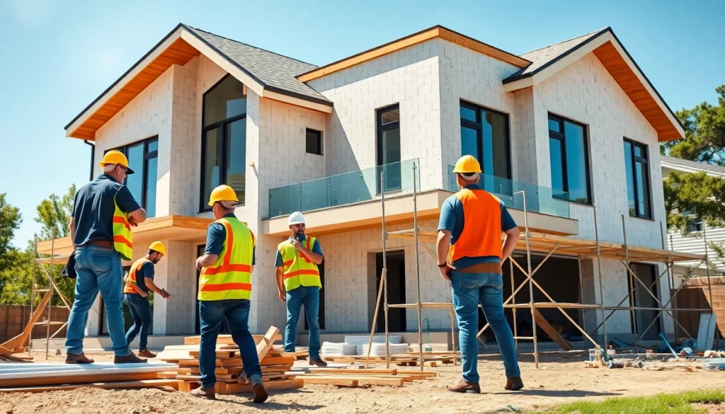 Custom home builders near me actively constructing a modern house, showcasing teamwork and progress.