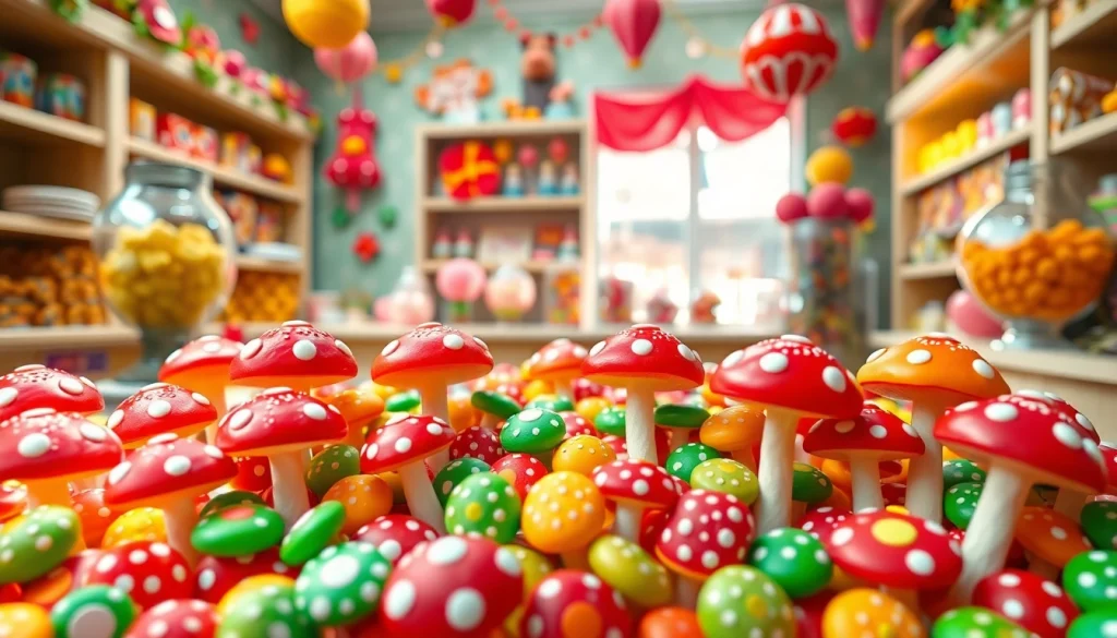 Delightful magic mushroom candy artfully arranged in an inviting candy shop.