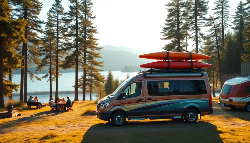 JRP Campers showcasing a custom camper van parked by a beautiful lake and forest.
