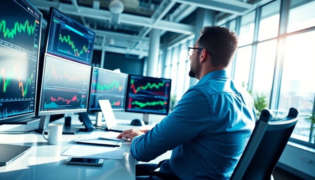 Stock picker engaged in market analysis with multiple screens in a modern workspace.