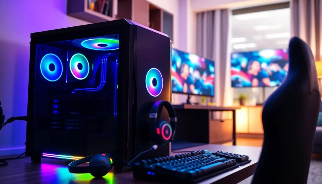 Showcasing a high-performance gaming computer setup with vibrant lighting and dual monitors.