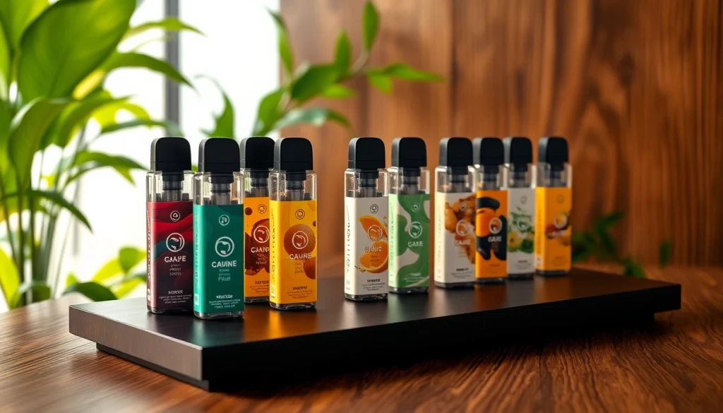 Verkauf von Hqd pods in verschiedenen Geschmacksrichtungen auf einem eleganten Tisch.
