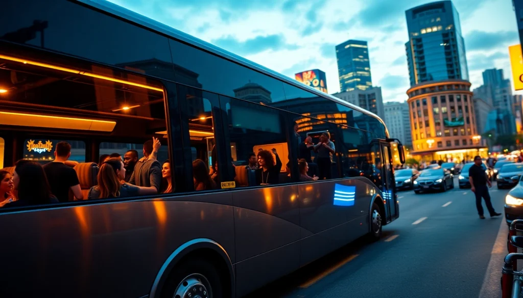 Rent party bus filled with happy passengers against a vibrant city skyline.