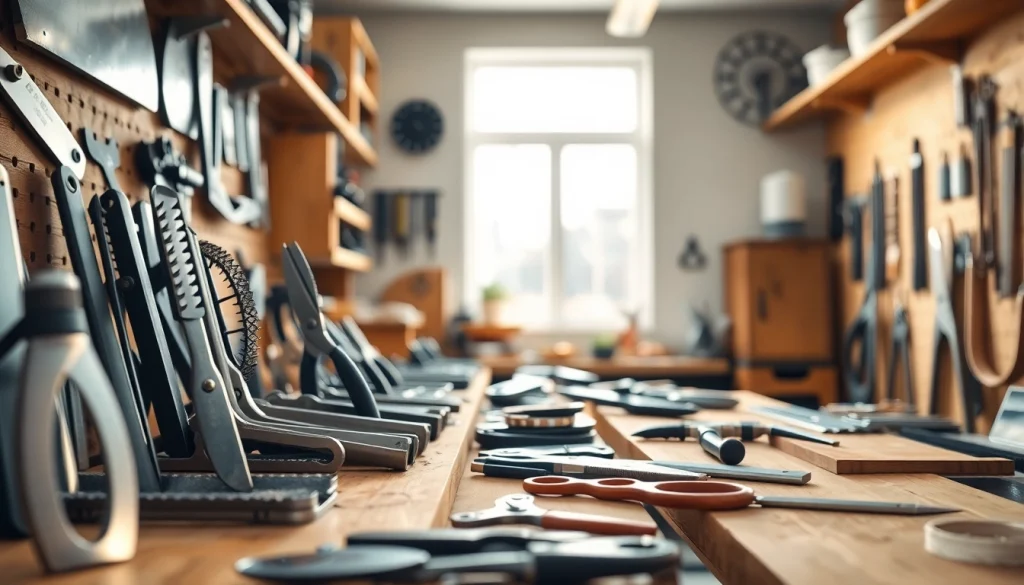 Showcasing various cutting equipment including saws and blades in a professional workshop.