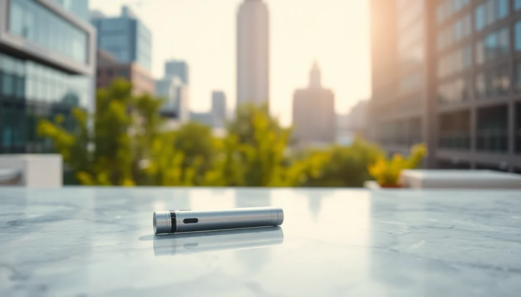 Showcasing a nicotine free disposable vape elegantly positioned in a chic urban environment.