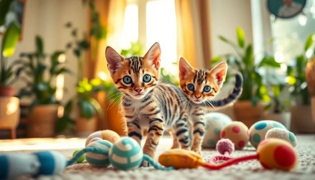 Playful Bengal Kittens for Sale in a cozy living room environment with soft toys.