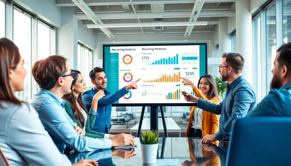 Visualize a team strategizing on Recurring Revenue (Build) growth in a modern office setting.