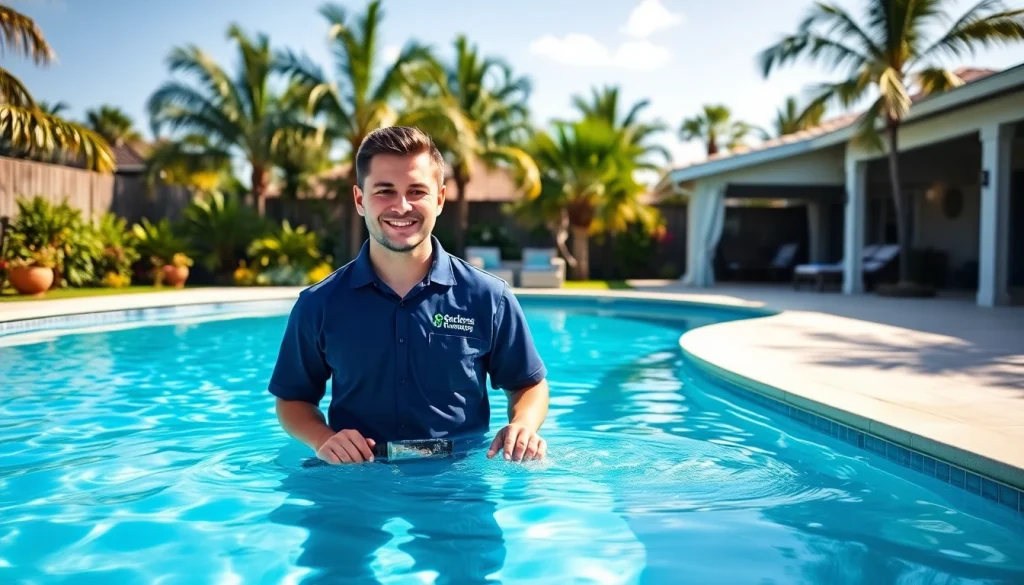 Swimming pool service in Pinellas County with technician maintaining a sparkling pool while enhancing backyard beauty.