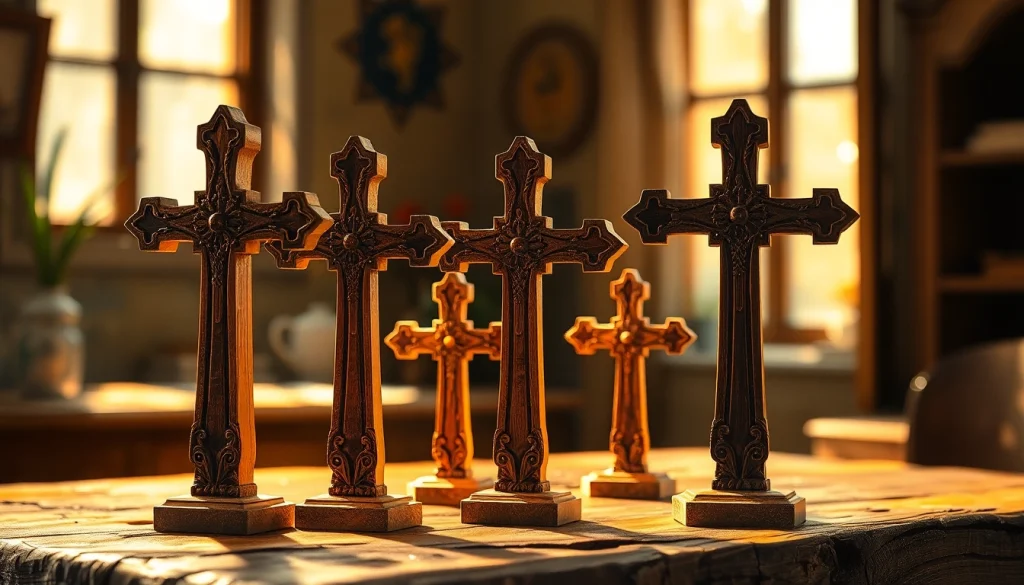 Showcasing detailed Jerusalem crosses made from olive wood, emphasizing craftsmanship in a serene setting.