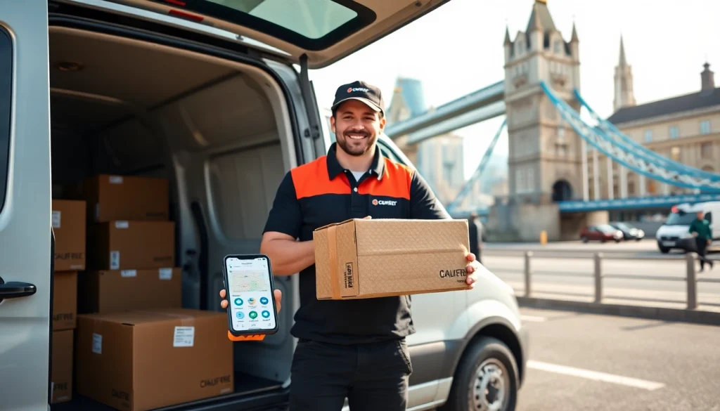 Delivering exceptional same day courier service London with a reliable driver and urban backdrop.
