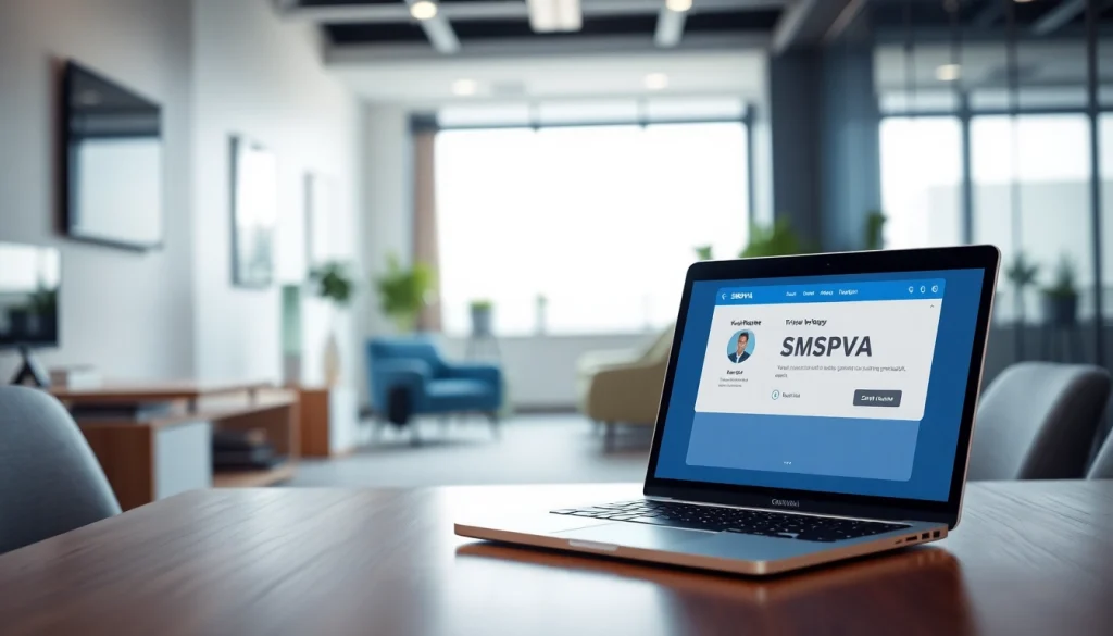 Utilizing smsvpa service with a professional laptop setup, showcasing virtual number efficiency.