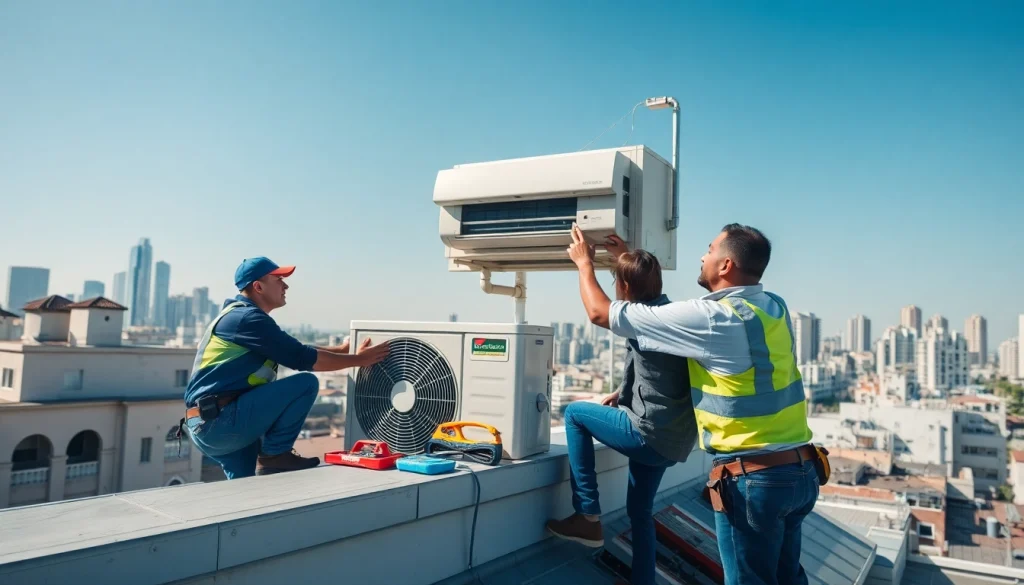 HVAC dealers installing a modern air conditioning system on a rooftop, showcasing professionalism.