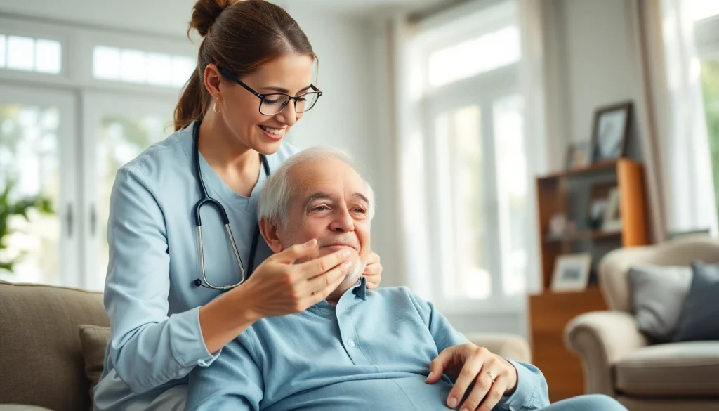 Caregiver providing austin senior home care assistance in a warm living room setting.