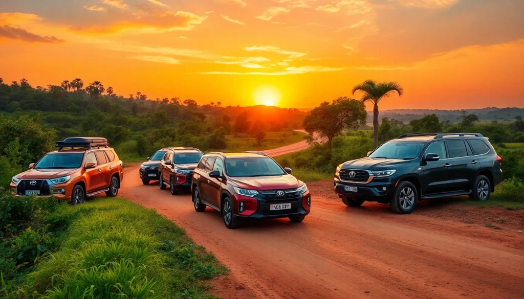 Engaging scene promoting car rental in Uganda with diverse vehicles against a lush landscape.