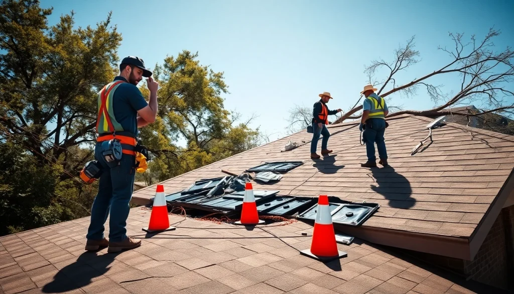 Experienced technicians conducting emergency roof repair in Texas after storm damage.