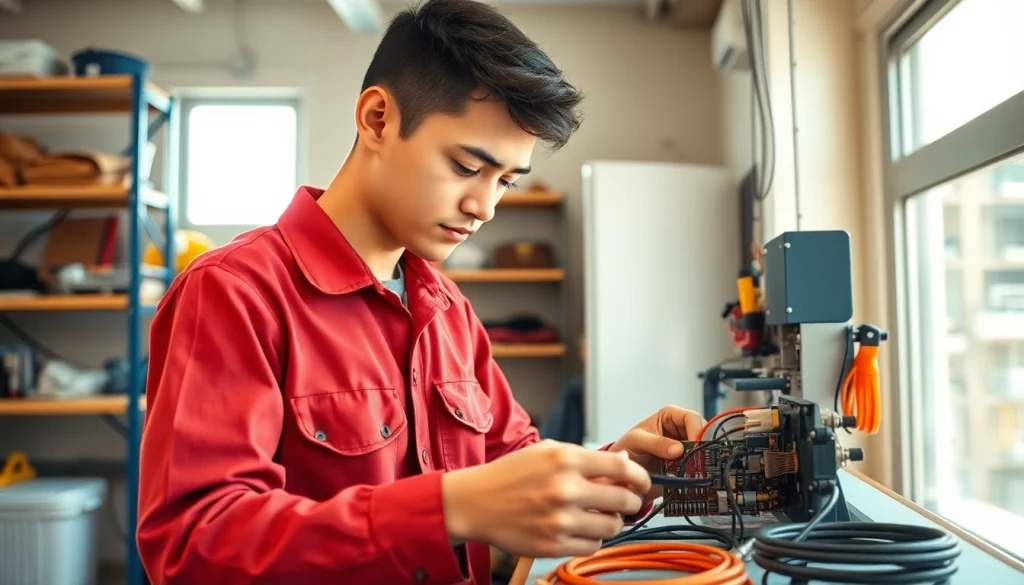 Learn about the electrician apprenticeship Hawaii program with a focused apprentice working on a circuit board.