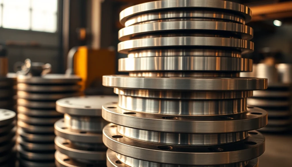 Inspect steel flanges showcasing intricate designs and finishes in a workshop setting.