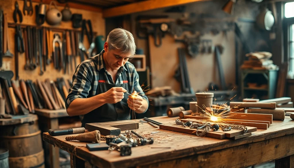 Fasten von Materialien durch geschickte Techniken in einer Werkstatt dargestellt.