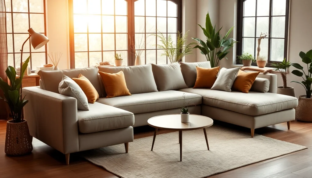 Ein modernes ecksofa mit schlaffunktion in einem stilvollen Wohnzimmer, das Gemütlichkeit ausstrahlt.