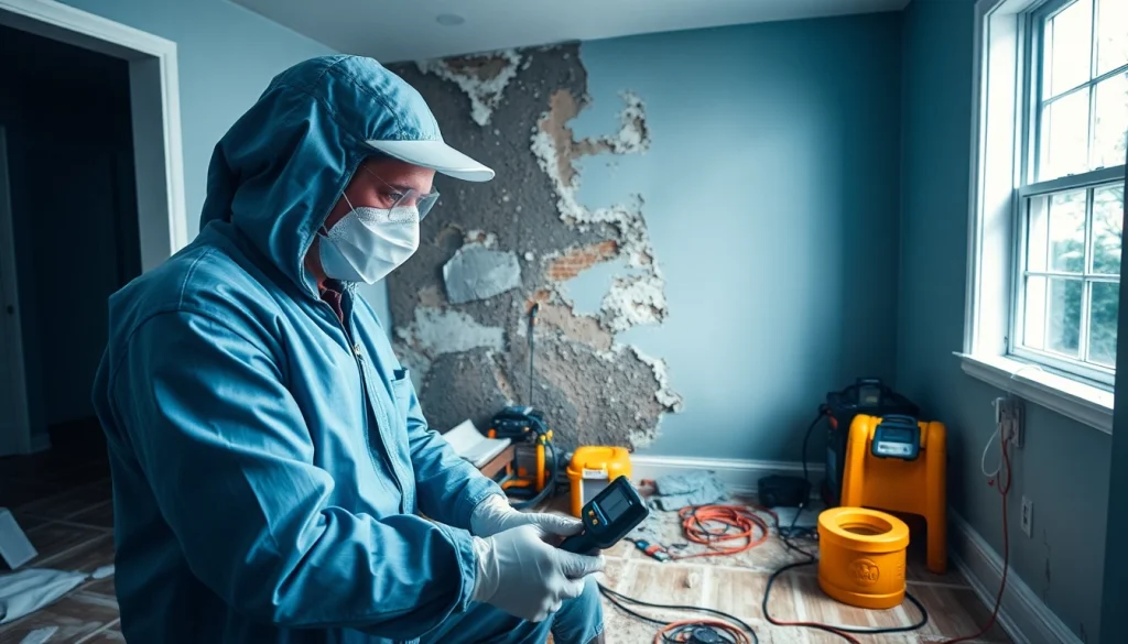 Mold Remediation technician inspecting a water-damaged wall while ensuring safe recovery.
