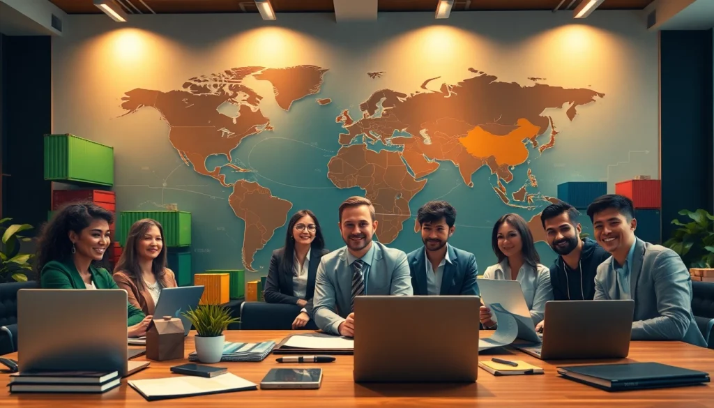 Imagery depicting international trade professionals discussing imports amid shipping containers.