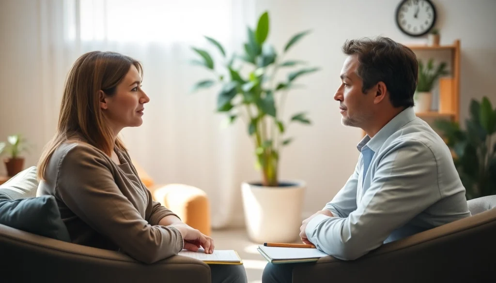 Engaged psychologist actively listening to a client's concerns in a welcoming environment.