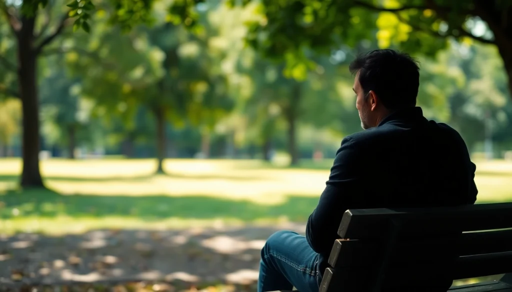 Solitary figure reflecting on a relationship breakup in a serene park setting.