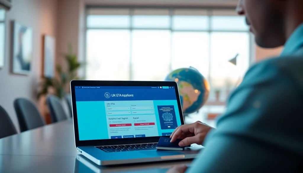 Assisting a professional UK ETA online application with a laptop, passport, and globe.