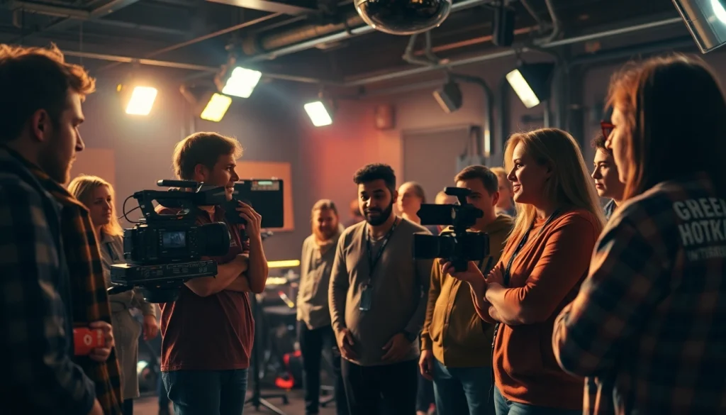 영상업체 capturing a dynamic film set where a director collaborates with an enthusiastic crew.