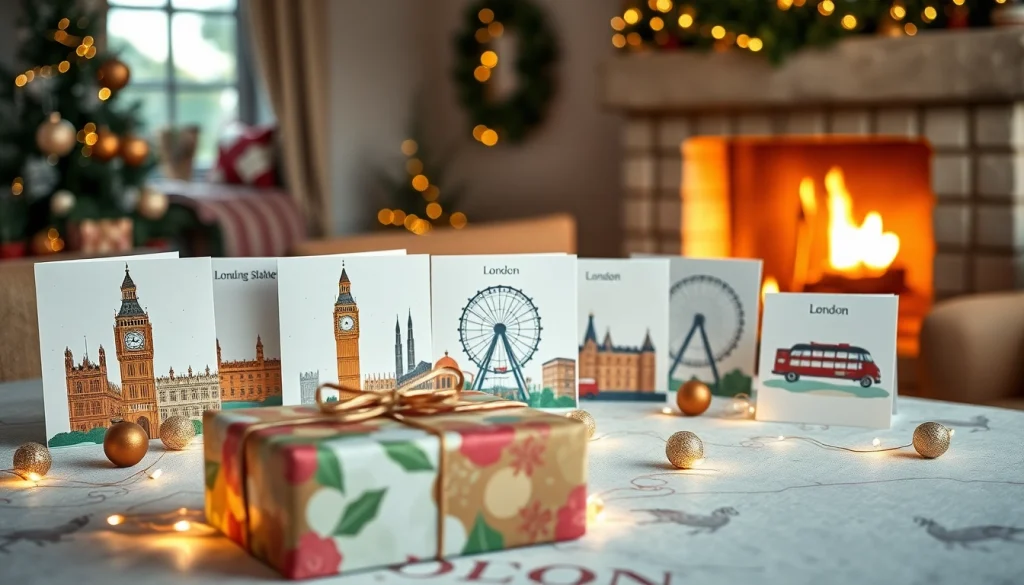 Showcasing vibrant London Christmas cards featuring iconic landmarks and festive decorations.