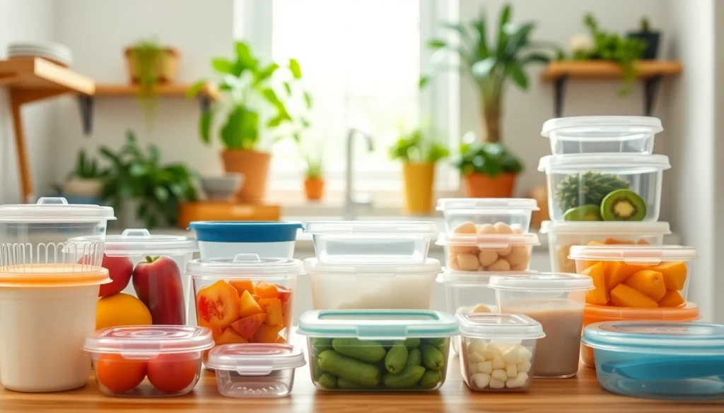 Showcase of plastic containers organized in a bright kitchen with fruits and vegetables.