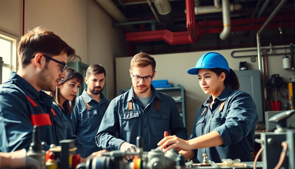A group of students learning at trade schools in southern California with tools and equipment.