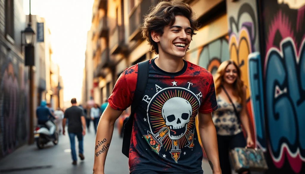 Wearing a trendy radiohead shirt, a young adult enjoys urban city life.