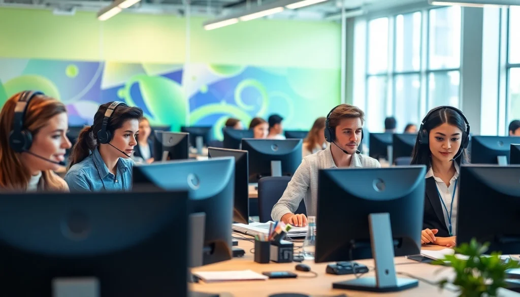 Enhance customer service at Callzent with a collaborative call center team environment showcasing modern technology.