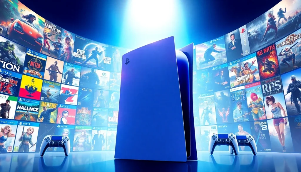 Highlighting popular ps5 games with PlayStation 5 console in a dynamic display.