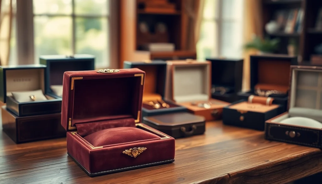Showcase of luxury jewelry boxes featuring diverse styles and textures on a wooden table.