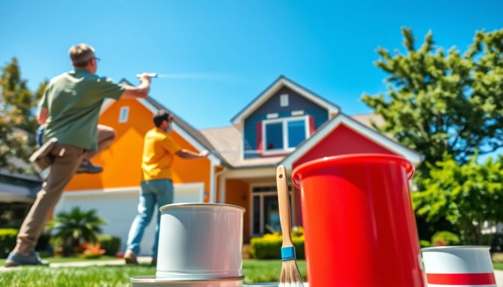 Exterior painters revitalizing a home with vibrant colors in a sunny neighborhood.