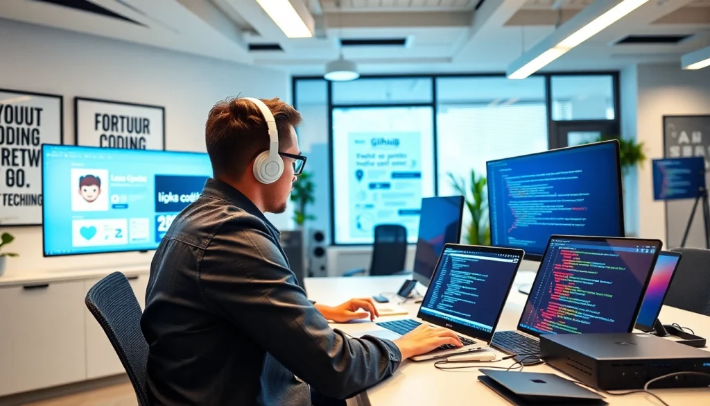 Comparing GitHub Copilot vs Gemini in a vibrant tech workspace with coding screens.